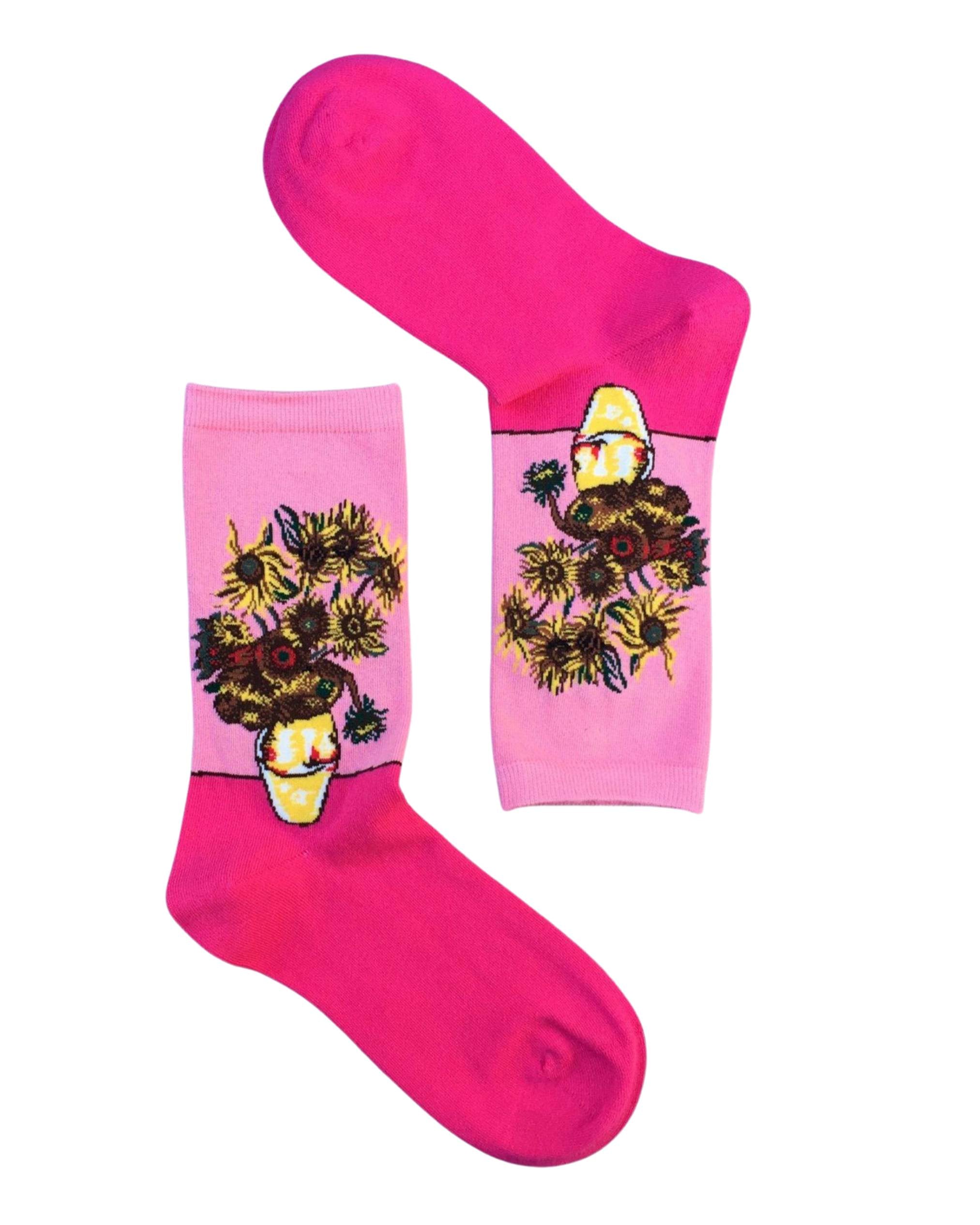 Van Gogh Sunflower Painting Pink Coloured Socks