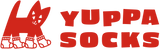 A red graphic logo for YUPPA SOCKS on a solid dark teal-blue background. The logo features a stylized sock-shaped cat silhouette on the left and the brand name 'YUPPA SOCKS' in bold uppercase letters on the right.