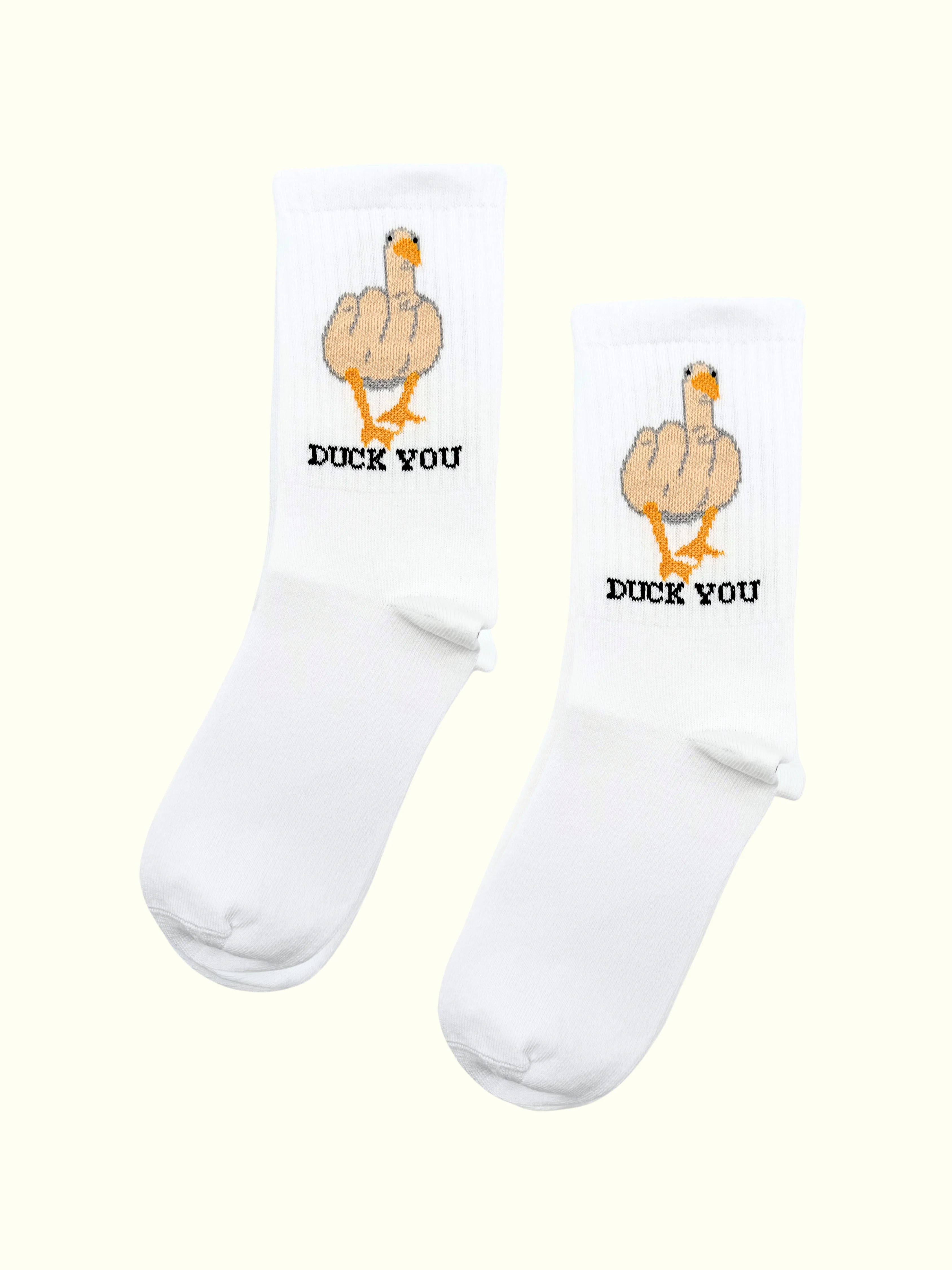 A pair of duck you socks