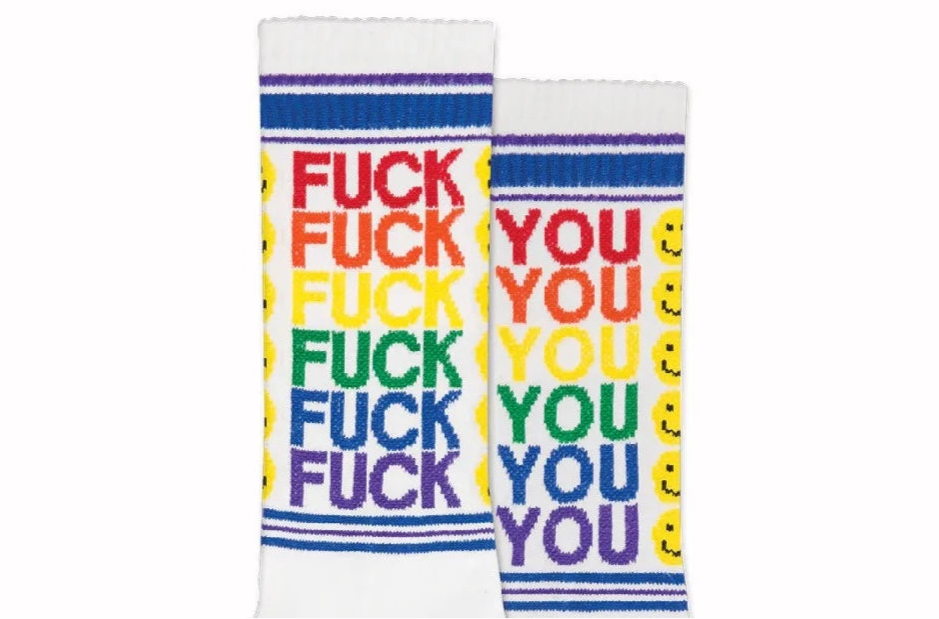 A pair of f you smiley socks