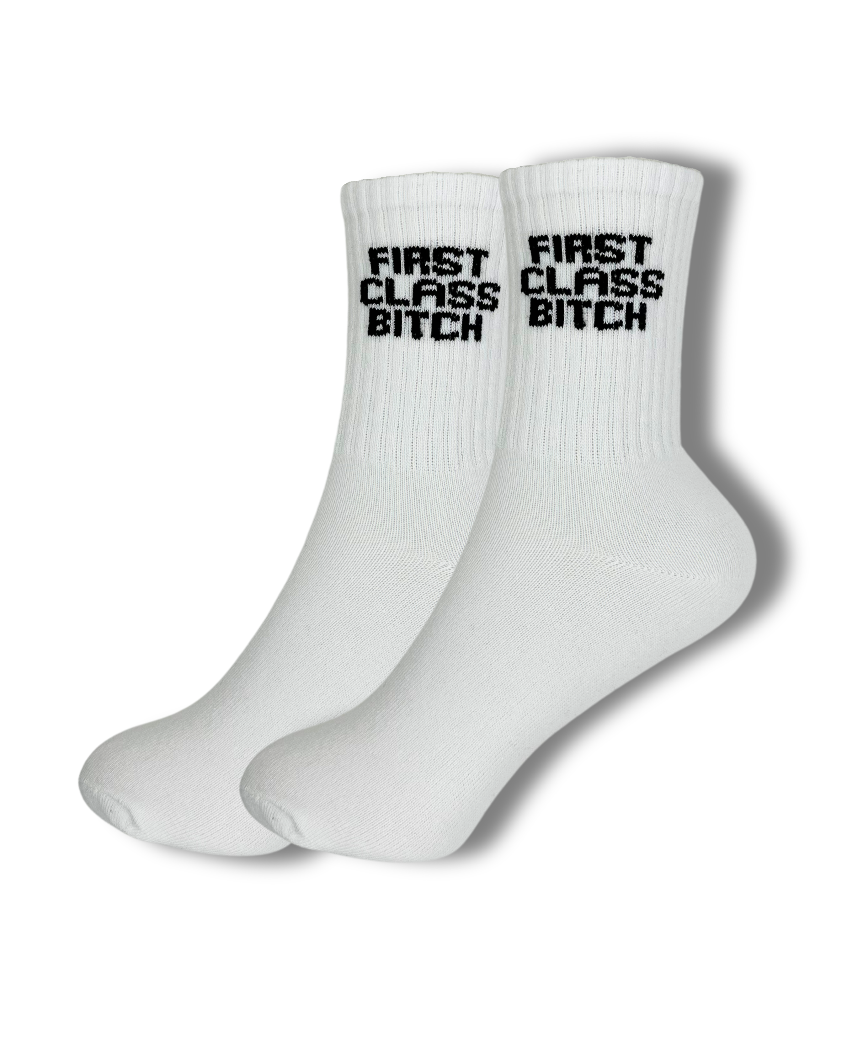 A pair of first class bitch socks