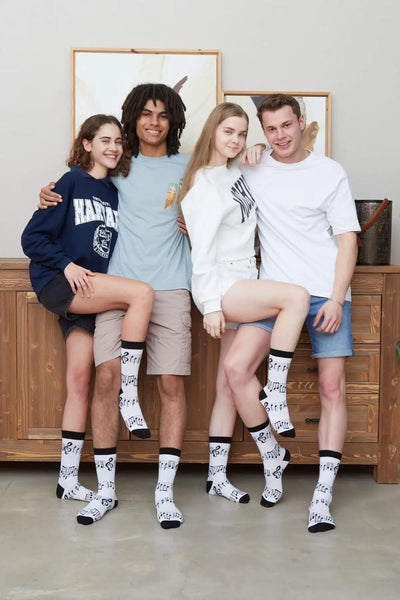 Four young adults smiling and posing together in a room with a wooden floor and a painting in the background. They are wearing casual clothing; two in sweatshirts and two in T-shirts, paired with shorts. Each person is sporting a pair of white socks with black musical notes printed on them.