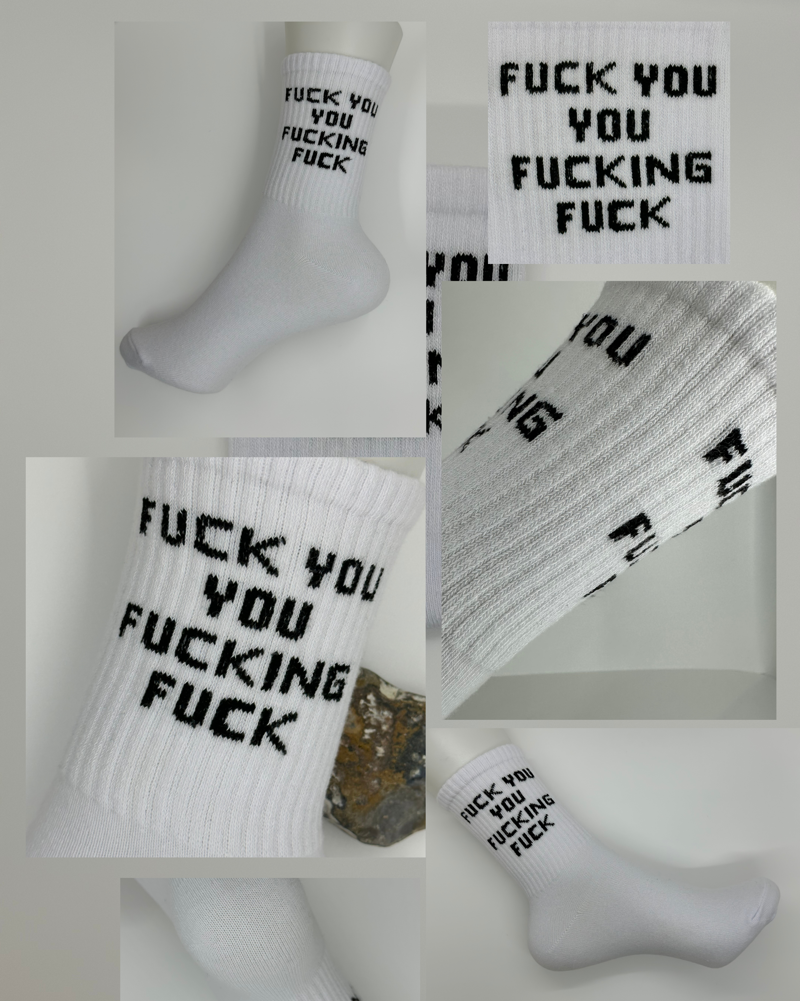 there are five photos of the Fuck You You Fucking Fuck Socks here. they all show the product from different angle to make sure customers understand the product properly.