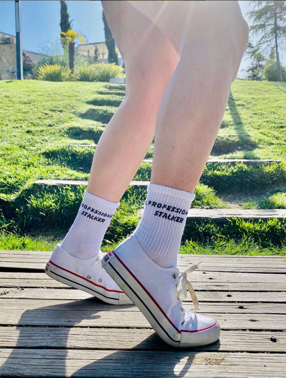 A model wearing professional stalker socks