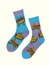 Pair of socks with 'Super Mom' text on a white background