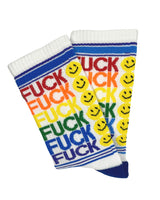 Close view of f you smiley socks