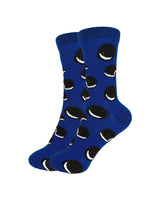 A pair of dark blue colored socks with a pattern of black Oreo cookie shapes on them.